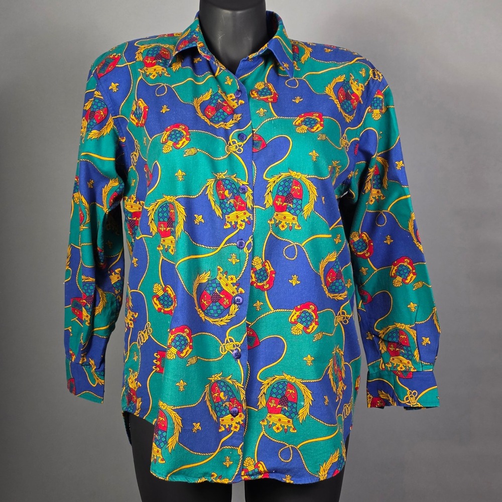 Picone Sport Woman Cotton Button Down Shirt‎ Equestrian Crest Teal Blue Gold 14